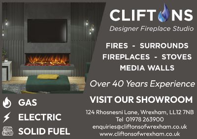 electric fire media walls at cliftons fireplace studio - advert