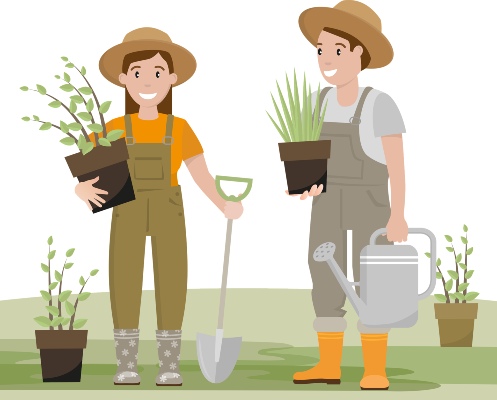 Cartoon man and woman in garden 