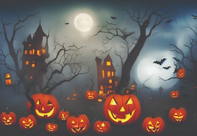 Halloween scene featuring demonic-looking pumpkins