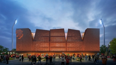Mock-up of STōK Racecourse Kop Stand Facade – image courtesy of Populous