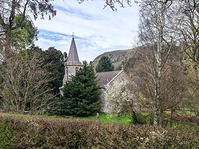 Historic stone structure of St Garmon's Church in Llanarmon DC village.