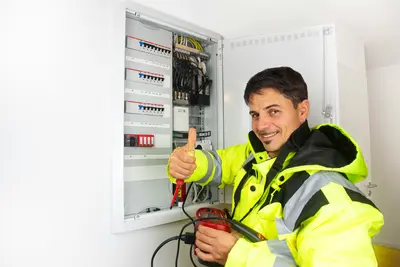 Electrician giving thumbs-up as he works on a fuse box - 5 Common Electrical Problems Homeowners Should Never Ignore