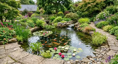 A garden pond with koi fish, water lilies and ferns, surrounded by a stone path and wooden footbridge - Splash into Summer Creating a Small Fish Pond