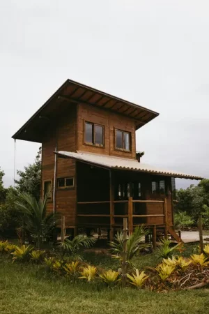A two-storey wooden cabin raised on stilts with wide overhanging roofs and a covered porch, surrounded by tropical plants and greenery under an overcast sky - Sustainable Living: Future-Proofing Your Property