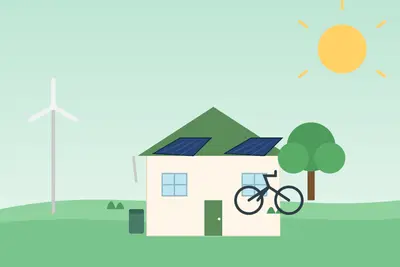 Illustration of a house with rooftop solar panels, a rainwater collection barrel, a wind turbine, a bicycle and a tree, representing simple ways to make a home more sustainable and eco-friendly - Making Your Home More Sustainable and Eco-Friendly