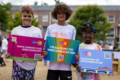 Local youth ambassadors proudly backing the Wrecsam2029 bid. Photo credit: James Speakman / PA Media Assignments