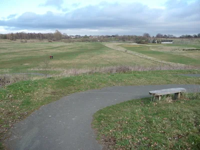 Footpath and bench overlooking open grassland at Alyn Waters Country Park – Year of Wonder Dog Walks: Autumn Walks Near Wrexham