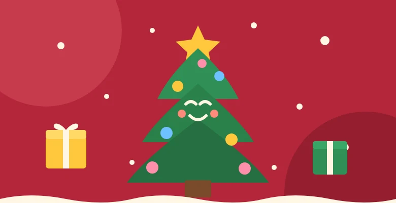 Illustration of a smiling Christmas tree with presents and snow
