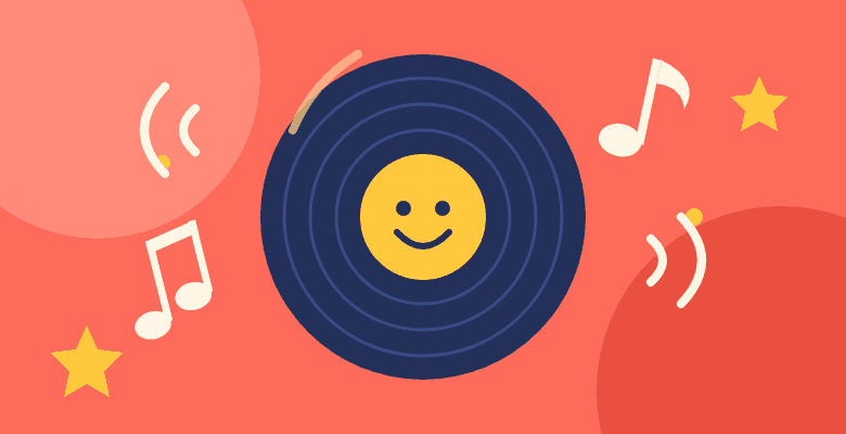 Illustration of a smiling vinyl record with music notes