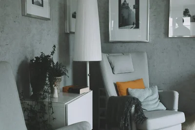 Grey wingback reading chair with cushions and a throw beside a tall white floor lamp, side table and houseplants against a concrete wall