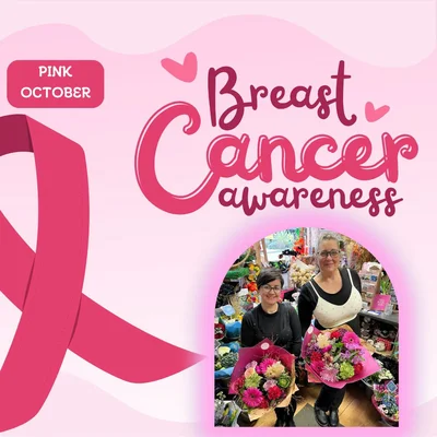 Sian and Laura holding pink bouquets on the Pink October Breast Cancer Awareness poster – Bras and Big Hearts: Regent House of Flowers Goes Pink for Breast Cancer Now